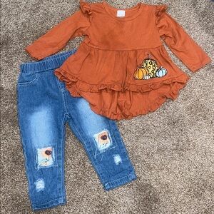 SHEIN Fall Pumpkin and Sunflower Rust Orange Ruffle Top and Blue Jeans Set 18M